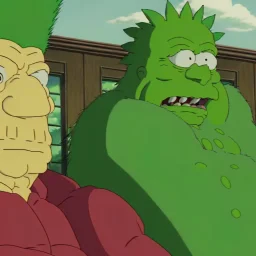 evil retired green man who is retired and green who is sitting on the simpsons couch has a large nose and is holding a duff beer