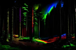 a wild and vibrant forest, with a black background and bright outstanding rainbow coloring
