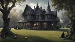 A gothic woodland house with a coven of witches dancing around a pentacle on a lawn in front of the house.