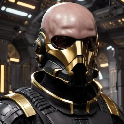 star wars bald male corellian pilot wearing pearlescent black and gunmetal grey First Order special forces heavy assault stealth commando armor and helmet with gold trim inside the jedi temple, hyperdetailed, dynamic lighting, hyperdetailed background, 8k resolution, volumetric lighting, light skin, fully symmetric details