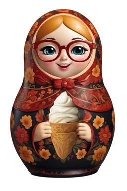 draw a Russian matryoshka doll in the style of Khokhloma, the matryoshka is smiling, the matryoshka has a smartphone in her hands, a frontal angle, a picture on a white background, the matryoshka is drawn entirely, a highly detailed 3d picture