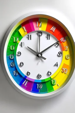 "Illustrate a rainbow-themed wall clock with each hour represented by a different color of the rainbow spectrum."