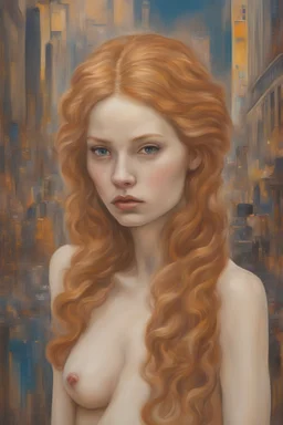 Ginger hair naked Alexandra "Sasha" Aleksejevna Luss psychology erect oil paiting In Sigmund Freud's Freudian depth psychology display Gustav Klimt style, dream, symptom, image in the background in the city art display Gustav Klimt style artgerm display in the New York City