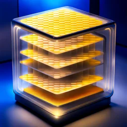 a futuristic translucent neurocube, inside the cube there are partitions made of honeycomb plates