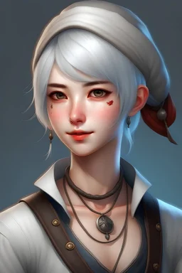 pirate woman, pale skin, short light blue hair, korean features. Realistic syle