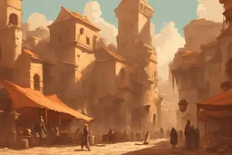 Cidade inspirada em cidades antigas, gigantes com várias coisas antigas, cores quentes, inspiração em game of Trones