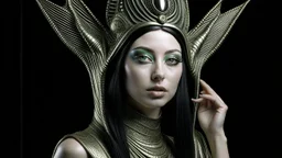 pale alien woman wearing a metallic alien headdress, wearing exotic clothing. Black hair bob