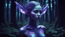 holographic glitch imitation, alien xenobiotic girl with beautiful purple body against dark night forest, split toning effect, subsurface gaussian scattering, dark fantasy, dark botany, photorealistic image, super detail, artistic elven fantasy, filigree, dark botany, ultra detail, dark botany, photorealistic image