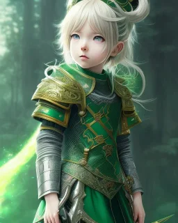 Detailed anime child girl, green hair, black and green dragon scale armour, intricate details, full body portrait, keep head in frame, slight smile, black Japanese motif, concept art, highly detailed, digital painting, concept art, sharp focus, illustration, art by Yoji Shinkawa, WLOP and greg rutkowski and alphonse mucha and artgerm and yanjun Chen and Junji ito and Makoto Shinkai, HDR, octane render