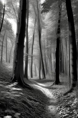 Autumn forest path in the style of Ansel Adams