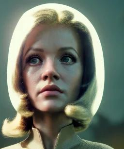 Ultra Realistic retro sci-fi movie, classic ovni levitating, 1960 year, waist up view portrait, blonde woman, sweet teenager Jane Fonda face, perfect iris, glow eyes, face makeup, tight latex coat, retro glass helmet, Retro sci-fi style, soft color, highly detailed, unreal engine 5, ray tracing, RTX, lumen lighting, ultra detail, volumetric lighting, 3d, finely drawn, high definition, high resolution.