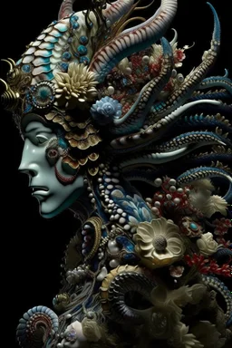 A snake face , adorned gothica decadent sea creatures, sea horse. Shell coralls headdress and ribbed with coralls flower and seapearls costume organic bio spinal ribbed detail of under water gothica floral sea shell embossed extremely detailed voidcore shamanism style maximálist hyperrealistic uder water sea concept árt portrait
