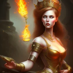 portrait lady fire with big bobs no top long black hairs in castle