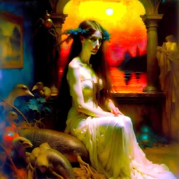 ((Masterpiece:1.2)(award-winning:1.1) caliber, professionally executed,utmost (precision and ultra-detail:1.3)techni-color , In the style of (ellen von unwerth:1.2, (Zdzisław Beksiński:0.5, John William Waterhouse,John Singer Sargent) in a desaturated, realistic, pop art style), glamor shot, 24-year-old Arab woman. Her long, curly black hair cascades down her shoulders, framing her face and her large, blank eyes. Her petite body,barbie aesthetic, portrait taken at Glamour Shots, 1988 captivating