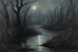 dry high weeds, creepy horror night, river, trees, mistery, philosophic and gothic horror influence, trascendent influence, jenny montigny impressionism paintings