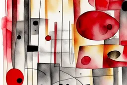 Abstract watercolour in the style of Paul Klee and Barbara Hepworth in red,grey and gold on watercolour background