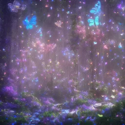 light magical forest with sparkle and jewel butterflies and blue big flowers and pink mushrooms waterfall sky