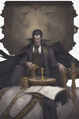 The toomb of vampire Count Strahd Von Zarovich. Dark, gloomy, ebony coffin with brass