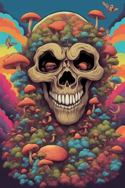 Psychedelic monkey skull looking high and grinning, surrounded by clouds and overgrown with psychedelic mushrooms. Birds flying around the skull. Digital drawing. Colorful. t-shirt design. Cartoon. Digital cartoon. Mid detailed. Super happy. Cheerful. Light hearted. Colorful. Vibrant colours.