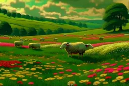 bucolic English countryside, peaceful sheep grazing in bright green grass, tiny colorful wildflowers Modifiers: extremely detailed bright studio setting 8k rose tones oil on canvas very attractive beautiful