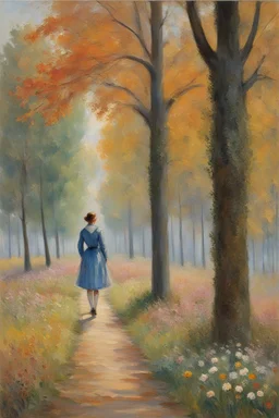 Trees, forest, autumn, grass, distant people, flowers, claude monet, and berthe morisot impressionism paintings