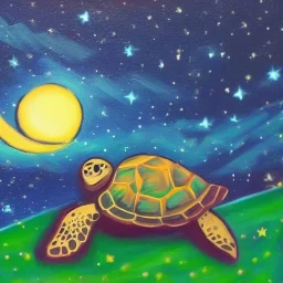 Oil painting turtle and moon and starry sky