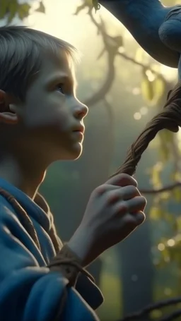 A hyperrealistic a boy holding a slingshot aiming to a bird on the tree , intricate details, soft natural light, slingshot screen captured from 4K Blu-ray