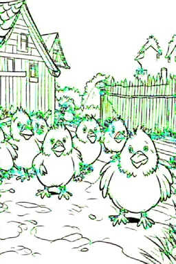 Adorable chicks walk around the farm yard, pixar style, coloring pages, white background, thick black marker, clean line art, no shadows