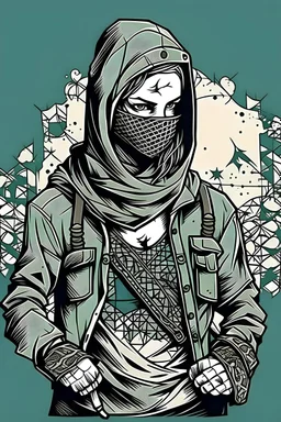 tattoo art, distressed image of Palestine Intifada, use kafiyeh uniform, ready to fight, war, vector art, flat design, gloomy color,