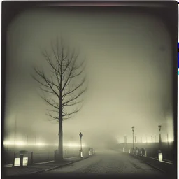 Dark street creepy fog colours strong texture artistic polaroid volumetric light tree nightmare Yves Tanguy