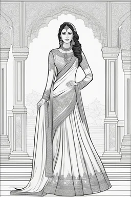 Coloring page for adults of a elegant fashion model woman wearing hindi dress, dynamic poses, full body portrait, thick and clean lines, clean details, no-color, no-turban, no-background, non color, non shading, no-grayscale, dynamic poses, full body portrait, thick and clean lines, clean details, no-color, no-turban, , non background, non color, non shading, no-grayscale, no color hair