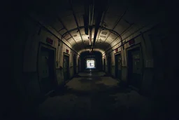 Vision of a fisheye angle photo of a abandoned underground place, terror vibe, dark, realistic photo, in a abandoned area, urban area, like chernobyl, like a labirynth, with lots of doors and crossings, bad ilumination