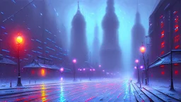 Space cyberpunk city, winter, impressionism painting