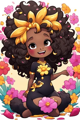 A sassy thick-lined comic style cartoon black chibi girl lounging lazily on her side, surrounded by colorful flower petals. She has a golden lion tail curling playfully behind her curvy body. Looking up coyly, she grins widely, showing teeth. Her poofy hair forms a mane framing her confident, regal expression.