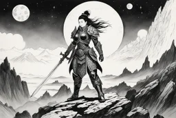 [An ink drawing on paper of Hotei] A muscular female warrior in ornate armor, wielding a sword, stands on a rocky cliff overlooking a vast, alien landscape with two moons in the sky. A fierce tarn flies overhead