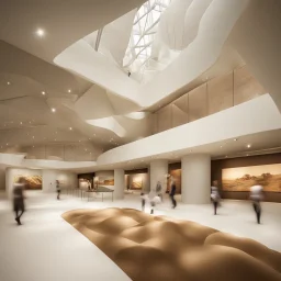 Museum design with “interactive exhibition halls”, natural lighting, modern style, earthy colours