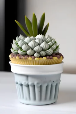 Create an image of a mini concrete succulent planter shaped like a cupcake, with textured "frosting" and a succulent nestled on top.