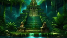 Meditation temple aztec under a waterfall, In the jungle garden my mind bows With the songs of dawn and the sadness of sleep Every leaf - that trembles in the embrace of the green My soul is a tired bird I want to sit in the sky A drop of sweetness from God The truth in my heart., With dreams, like stars, we sailed in the endless space. An otherworldly planet, bathed in the cold glow of distant stars. gloomy landscape with dramatic HD highlights . round Meditation Podium under the waterfall