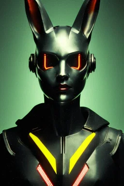 Medium Close Up Portrait, Front image. cyberpunk, rabbit mask, teenager, asian woman, cyber helmet head. Latex dress. Yellow, black, color. Thor style. LEDs ornaments, Color background, photo studio. Front image, highly detailed, concept art, smooth, unreal engine 5, ray tracing, RTX, lumen lighting, ultra detail, volumetric lighting, 3d, finely drawn, high definition, high resolution.