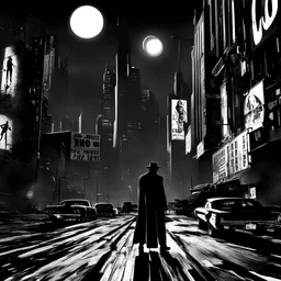 Frank Miller's Sin City dark style, high contrast black and white image -, night scene, conceptual art, vibrant, dark fantasy, illustration, photo, cinematic, 3d render