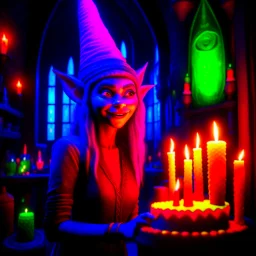 fasion female, wild goblin birthday party in neon lit stone tower, motion blur, 8k, downlight, soft light, depth of field, photorealism, trending on art station, lotsa detail