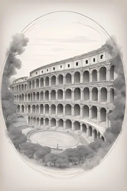 A fine line sketch drawing of the coliseum from Rome with very clean realistic details designed in a circle