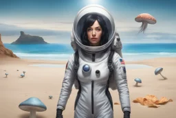 Photorealistic slim woman with black hair in a space suit, looking out over a sandy beach next to a sea, flying mushrooms with octopus tentacles