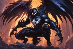 Venom in 8k solo leveling shadow artstyle, crow them, feathers, big wings, neon effect, full body, apocalypse, intricate details, highly detailed, high details, detailed portrait, masterpiece,ultra detailed, ultra quality