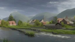 Looking across a torrential dangerous river to a village of new wooden houses, circular wooden church, and farm buildings, and mountains in the far distance, highly detailed, realistic, sunshine, RTX