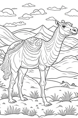 DRAW TO COLORING OF A CAMEL ON THE DESERT, CARTOON STYLE, LOW DETAILS, THICK LINES, NO SHADING, NO COLOR