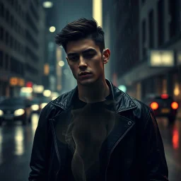 Ultra-premium album cover designed by a world-class graphic designer in 2026, emotional male singer standing alone in a rain-soaked city street at night, dark cinematic atmosphere, heartbreak and betrayal reflected in his expression, handsome young man wearing modern black streetwear and a leather jacket, head slightly lowered, eyes filled with pain, loss and quiet strength. A translucent ghostly female silhouette made of mist and fading light emerges from his chest and dissolves into the night