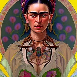 A beautiful portrait of Frida Kahlo by alphonse mucha, japanese tatoos, 4k, high details