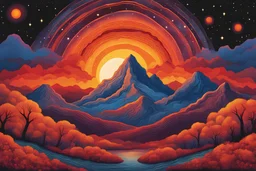 cosmic galaxy mountain sunset in a psychedelic orange, red, and yellow color palette in the illustrated style of alex grey