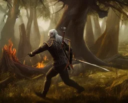 The Witcher, Geralt of Rivia, Jaskier the Bard, forest scene, around a campfire, Jaskier playing his lute, monster lurking in background behind a tree, DSLR, panorama, complementary colours, splash of colour, hyperrealism, 8k resolution concept art, intricately detailed